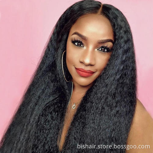 BIS 100% Brazilian 4x4 Remy Yaki Straight Natural 150 Density Human Hair Wig With Transparent Front Lace For Black Female Hair